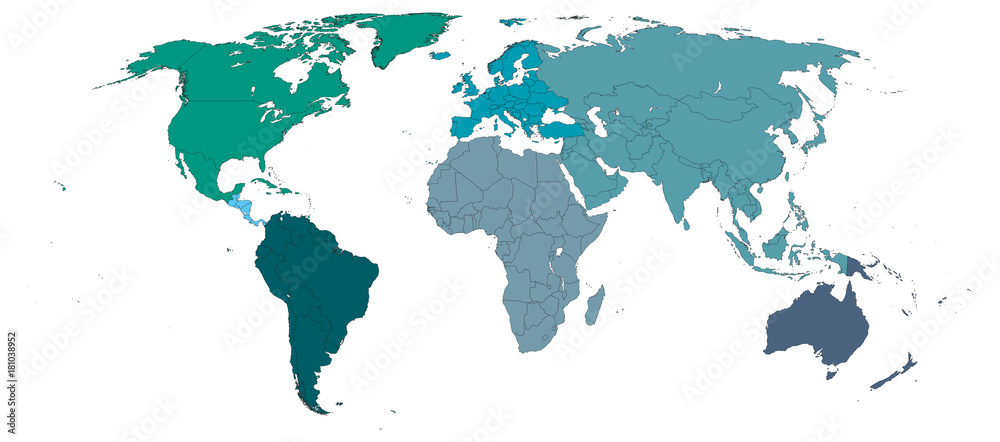 Carte des Continents, Pays FR et EN, calques modifiables