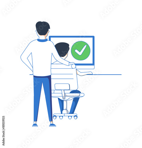 Work process, tasks reviewing and verification vector illustration. Two cute cartoon characters work together