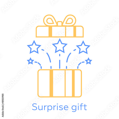 Opened gift box and fireworks, surprising present, unusual experience, special celebration, vector line icon