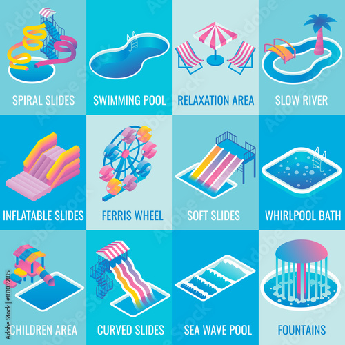 Vector water park attractions flat isometric icon set
