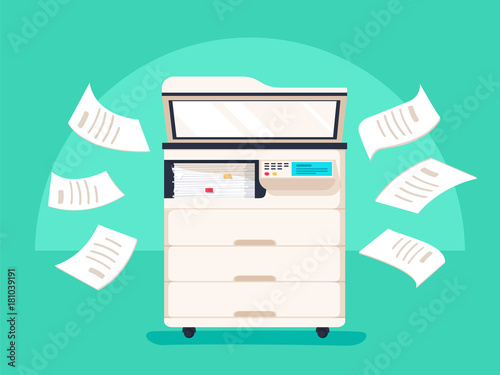Office multifunction printer scanner. Copier with flying paper isolated on background. Copy machine