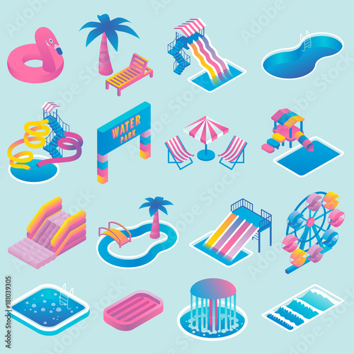 Vector water park flat isometric icon set