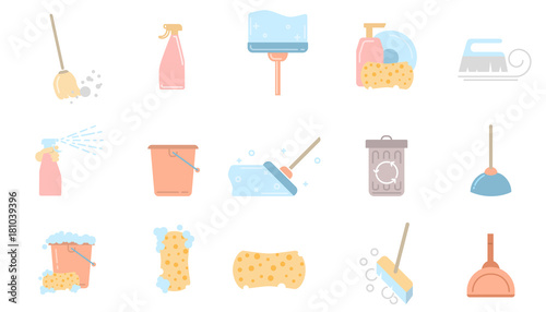 Set of cleaning service flat icons and symbols on white background