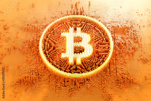 Illuminated symbol  bitcoin consisting of microscopic small cubes in a random layout. Closeup bussines concept 3d Illustration. photo