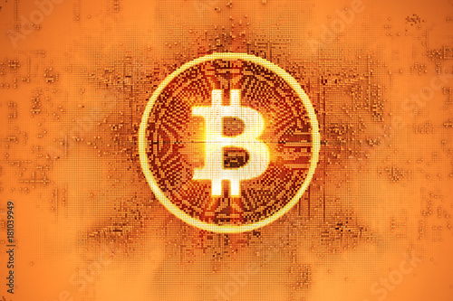 Illuminated symbol  bitcoin consisting of microscopic small cubes in a random layout. Closeup bussines concept 3d Illustration. photo