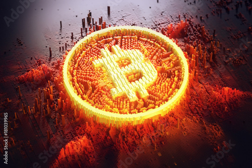 Illuminated symbol  bitcoin consisting of microscopic small cubes in a random layout. Closeup bussines concept 3d Illustration. photo