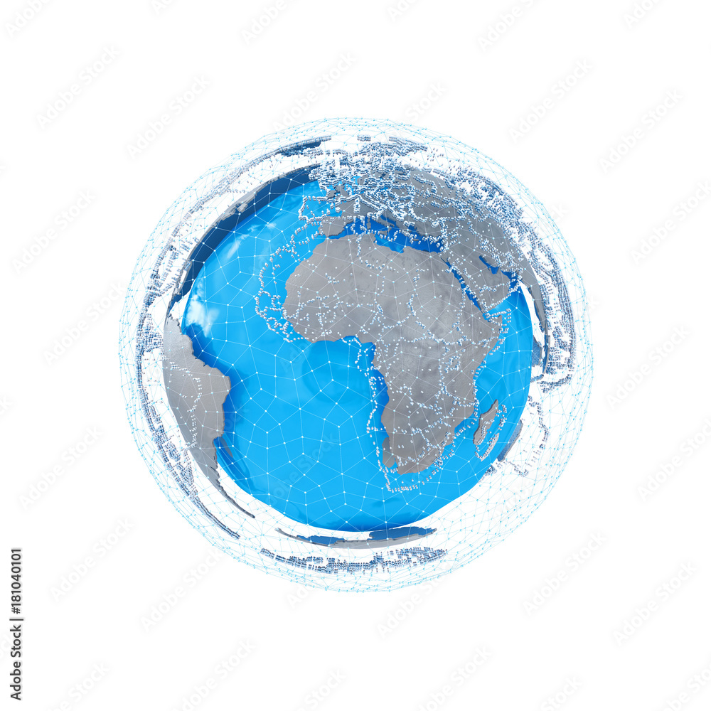 Futuristic highly detailed planet Earth is surrounded by a luminous blue wireframe, representing the social network. Isolated on white background. 3d illustration Futuristic highly detailed planet Earth is surrounded by a luminous blue wireframe, representing the social network. Isolated on white background. 3d illustration