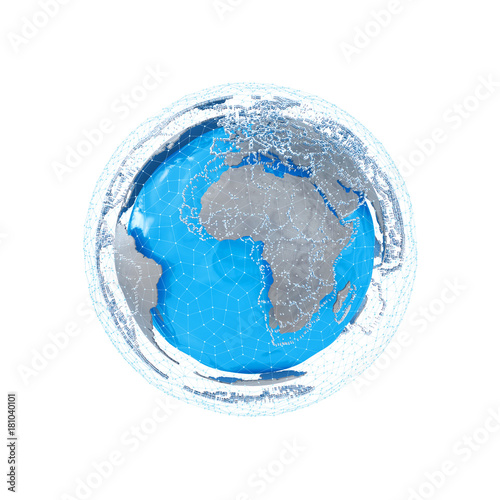 Fototapeta Naklejka Na Ścianę i Meble -  Futuristic highly detailed planet Earth is surrounded by a luminous blue wireframe, representing the social network. Isolated on white background. 3d illustration