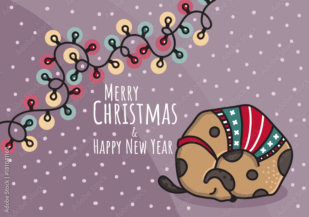 Christmas and New Year hand drawn doodle vector illustration with dog