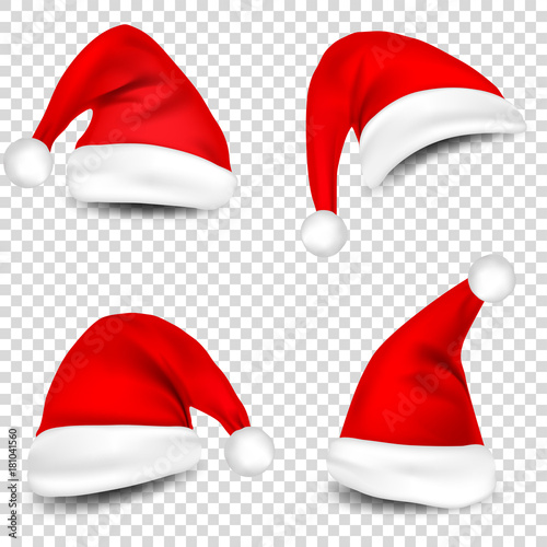 Christmas Santa Claus Hats With Shadow Set. New Year Red Hat Isolated on Transparent Background. Vector illustration.