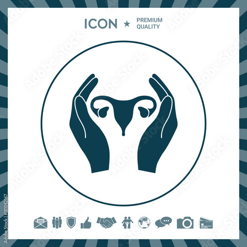 Hands holding Female uterus - protection icon