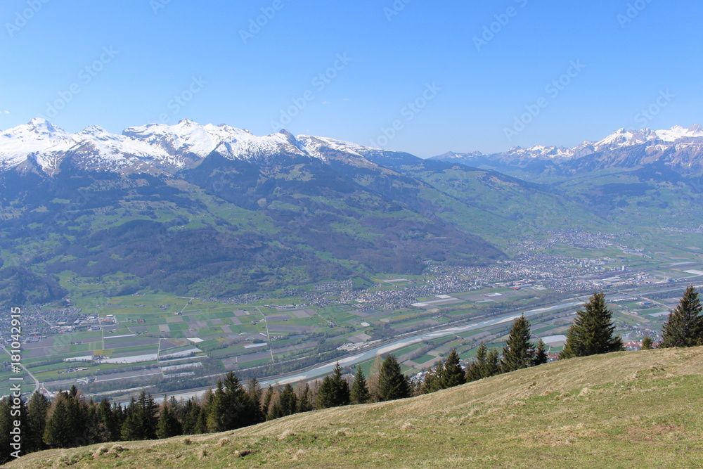 Aerial view of Liechtenstein (Upper Rhine valley), taken from the Alpspitz peak in Gaflei village in the municipality of Triesenberg.