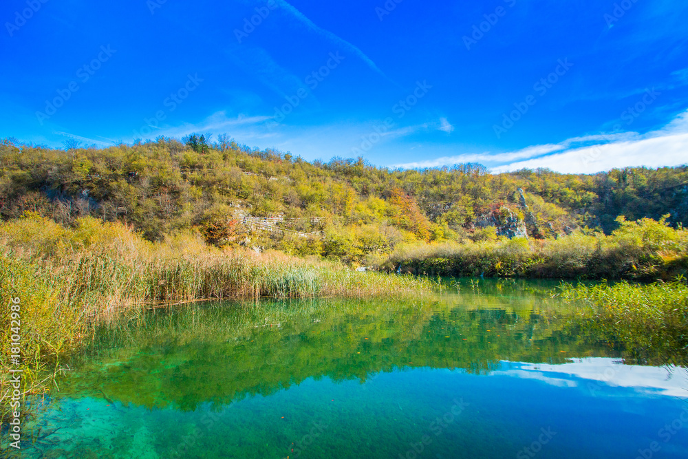     Beautiful landscape nature, surface of water on Plitvice Lakes National Park in Croatia in autumn 