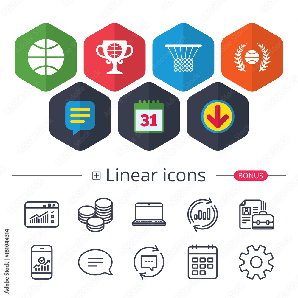 Basketball icons. Ball with basket and cup symbols. Basketball icons. Ball with basket and cup symbols.