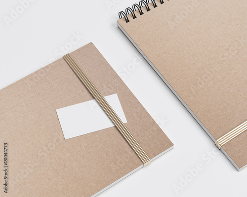 Sketchbook with business card, cartoon spiral notepad mockup, notebook 3d rendering © radmila85