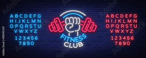 Fitness, gym logo sign in neon style isolated, vector illustration. A glowing banner, a bright neon sign, a night advertisement of a fitness club, a sports hall, a sports club. Editing text neon sign