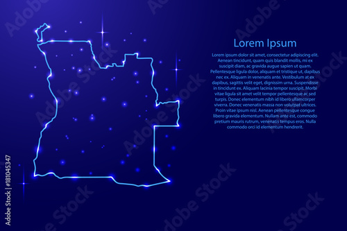 Map Angola from the contours network blue, luminous space stars for banner, poster, greeting card, of vector illustration