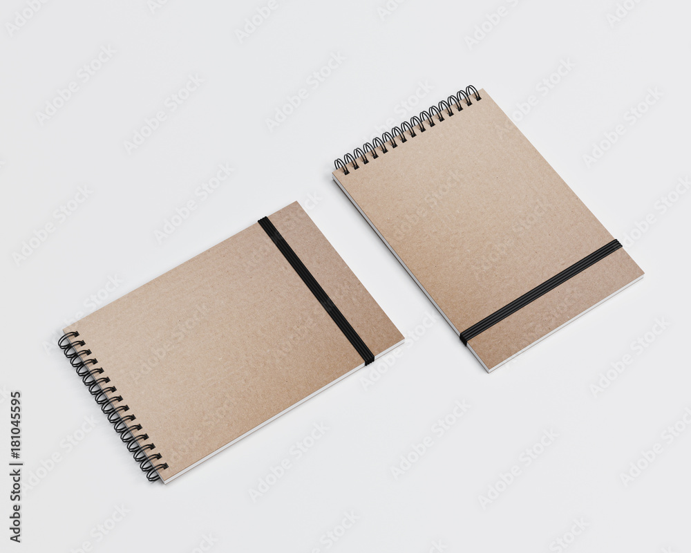 Sketchbook with business card, cartoon spiral notepad mockup, notebook 3d  rendering Stock Illustration