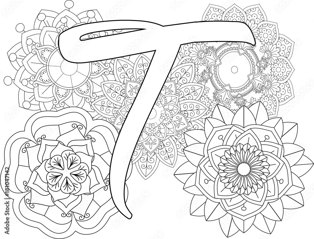 mandala-T-monogramlogo-Doodle Floral Letters. Coloring Book For Adult.  Mandala and Sunflower. ABC. Isolated Vector Elements. Capital Letter  English Alphabet Stock Vector | Adobe Stock