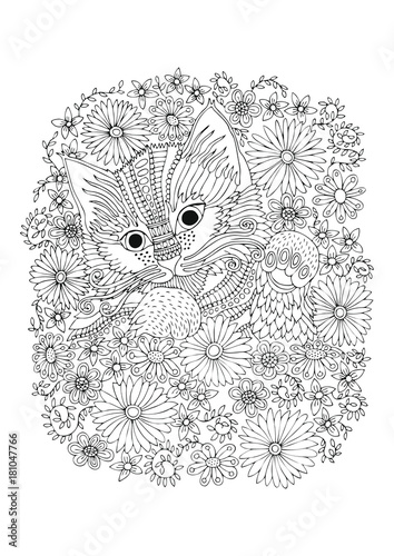 Fototapeta Ręcznie rysowane kotek w kwiaty. Szkic do kolorowania antystresowego dla dorosłych w stylu zen-splot. Ilustracji wektorowych do kolorowania strony.