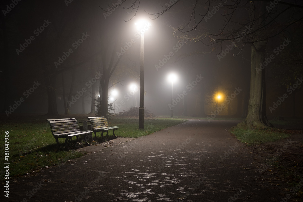 park covered in fog and darkness
