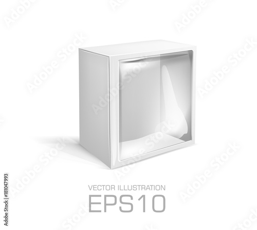 Blank white square cardboard box with hole, transparent plastic window isolated on white background. Product package template 
