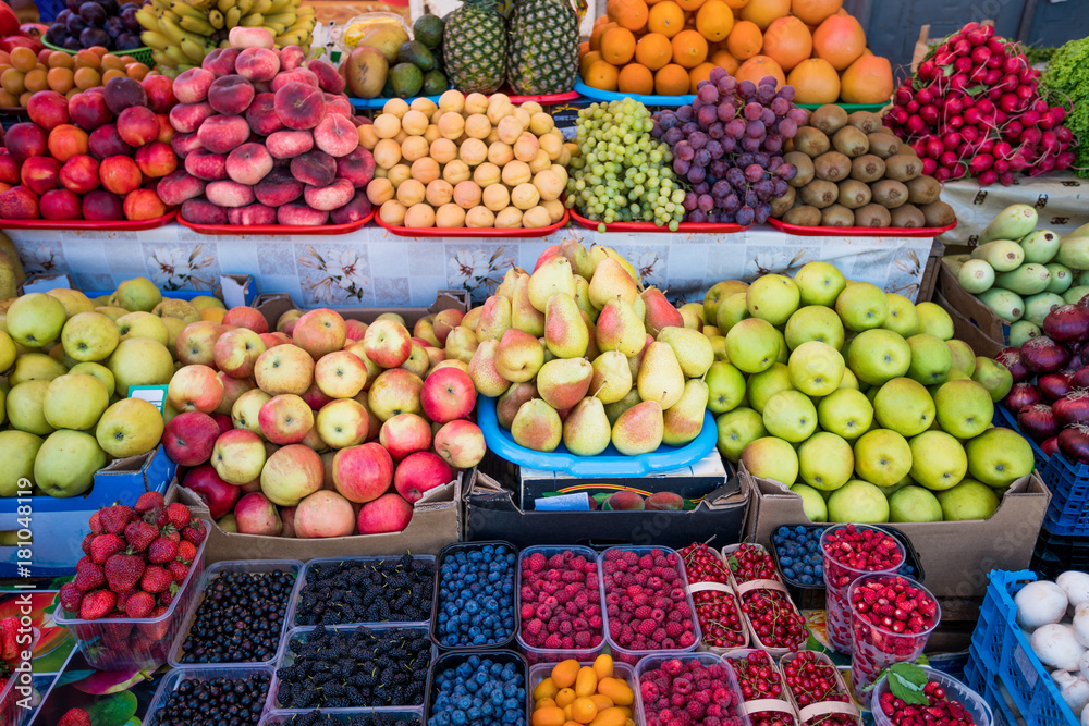 Fruit market with various colorful fresh fruits. Fresh fruits.  Fruits  at a farmers market