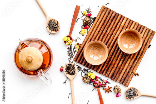 Tea party set. Tea pot, cups, dried tea leaves, fllowers, spices on white background top view