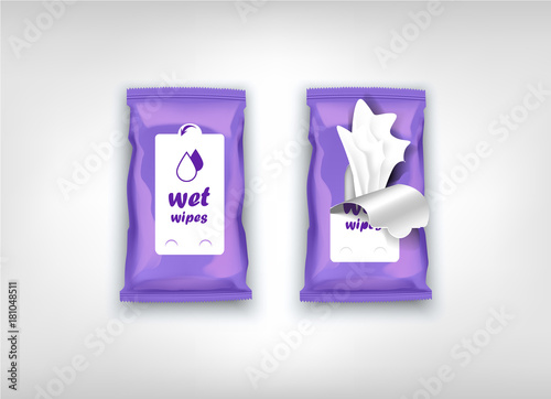 Open and closed plastic purple for wet wipes. A mockup of vector white packaging.
