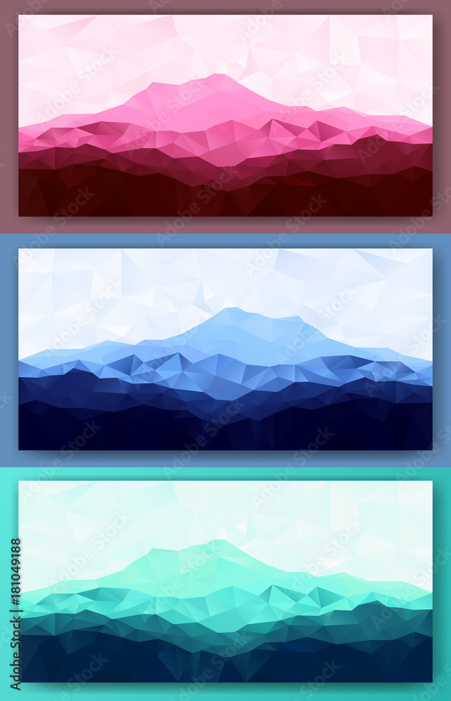 Triangle low poly polygonal mountain range backgrounds set. Vector illustration.