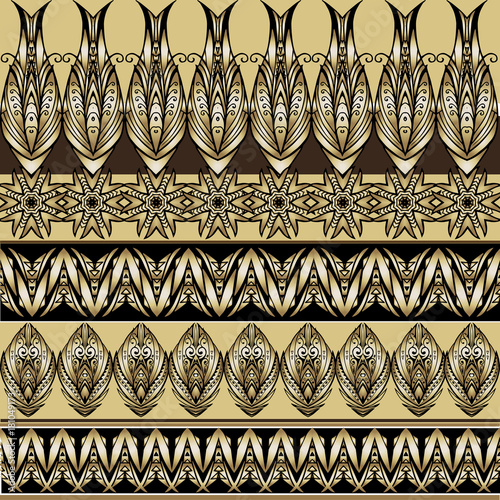 Striped golden ethnic pattern. Vector illustration of gold set of seamless borders. Decorative ornament backdrop for fabric, textile, wrapping paper.