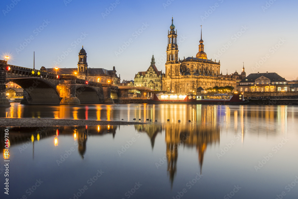 The famous church called Hofkirche and a bridge over the river Elbe in Dresden, Germany