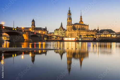 The famous church called Hofkirche and a bridge over the river Elbe in Dresden, Germany
