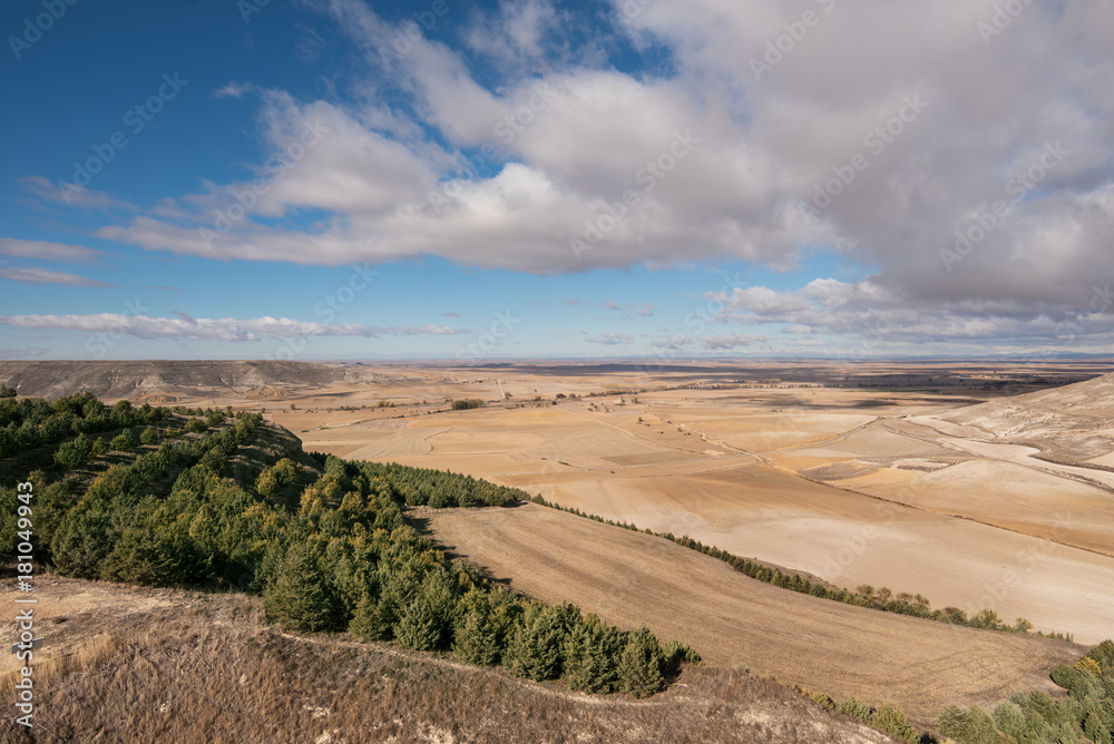 Countryside landscape in Burgos province, Castilla y Leon, Spain. Blue sky and clouds sky over the agricultural fields.