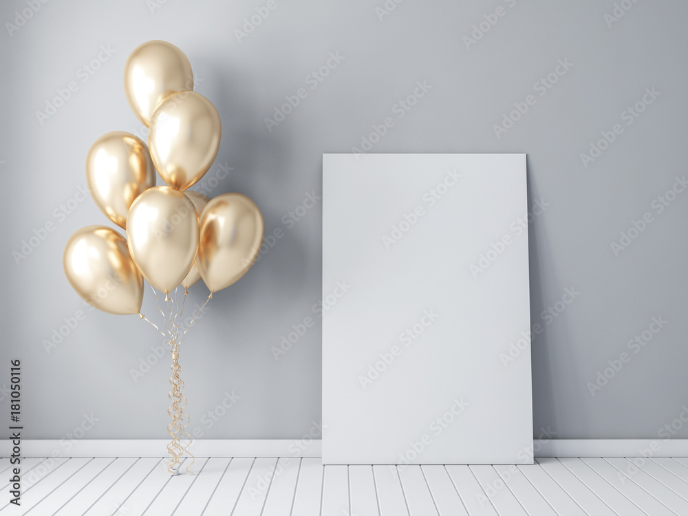 Fototapeta Frame poster mockup with gold balloons, air ballon 3d rendering