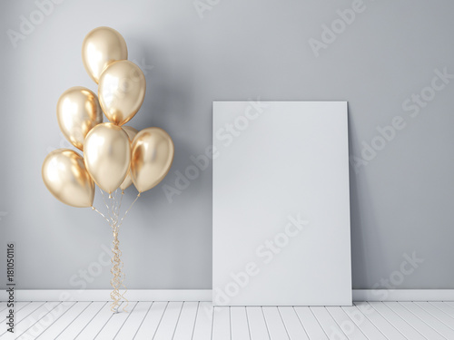 Canvas Print Frame poster mockup with gold balloons, air ballon 3d rendering