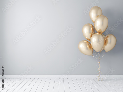 Photo Frame poster mockup with gold balloons, air ballon 3d rendering