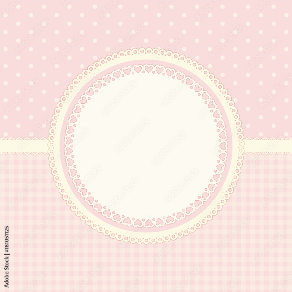 Primitive retro frame with lace and ribbon on polka dots and gingham background