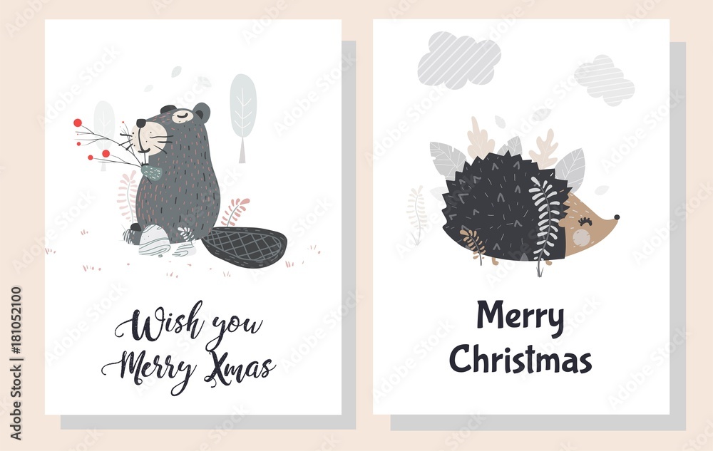 Christmas greeting cards in scandinavian style with cute cozy animals for your own cards design. Print.