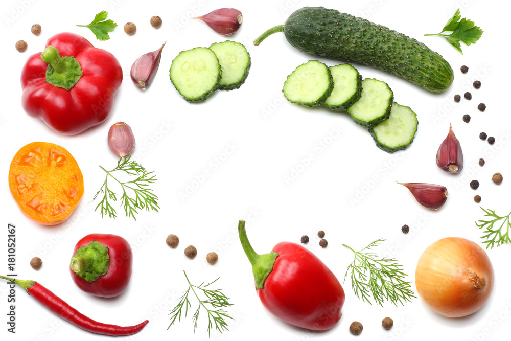 mix of sliced cucumber, garlic, sweet bell pepper and parsley isolated on white background. top view mix of sliced cucumber, garlic, sweet bell pepper and parsley isolated on white background. top view