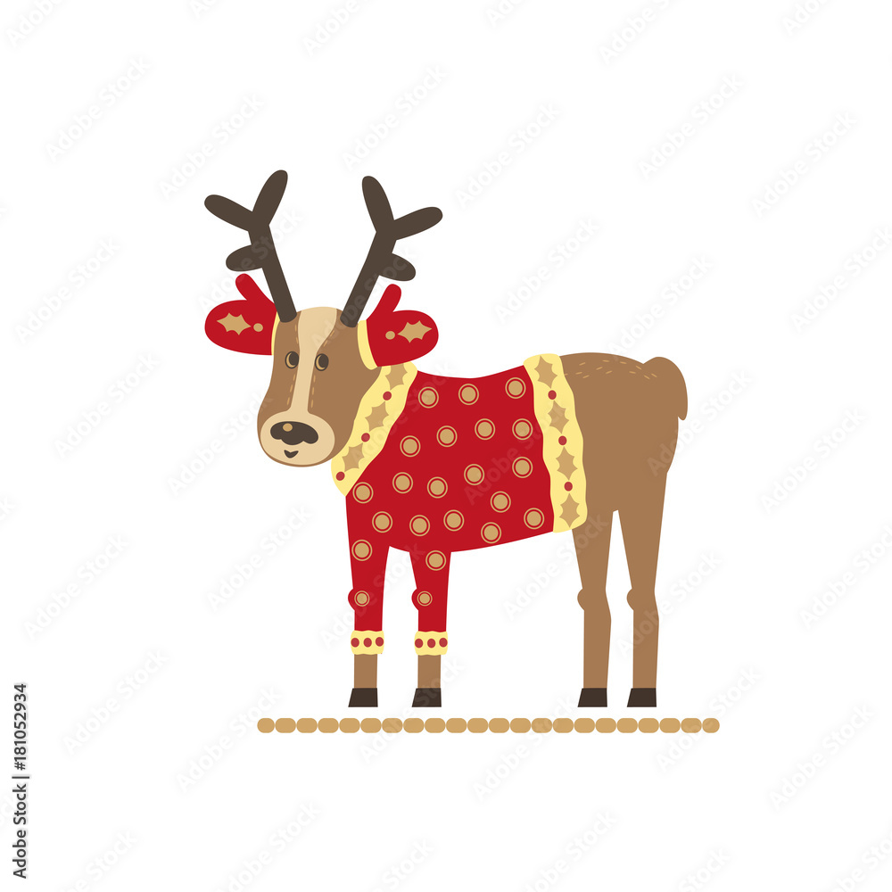 Cute Christmas reindeer icon. Colorful fun cartoon. Wild comic deer in red  Santa coat. Template design for winter seasonal greeting card, happy  holiday new year event background. Vector illustration Stock Vector