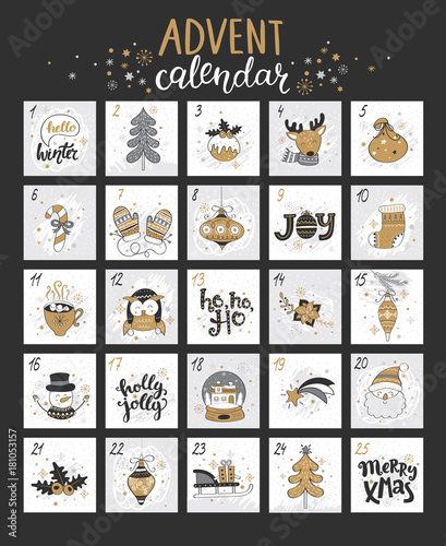Happy Christmas advent calendar with different christmas symbols for your design. Vector illustration.