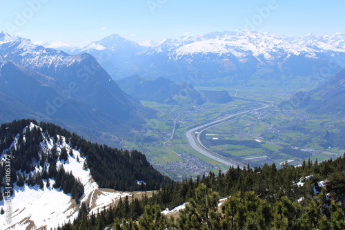 Aerial view of Liechtenstein (Upper Rhine valley), taken from the Alpspitz peak in Gaflei village in the municipality of Triesenberg. photo