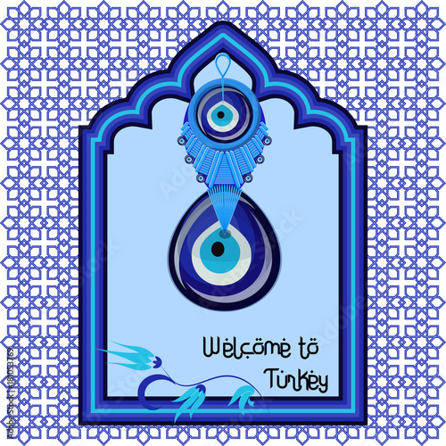 Welcome to Turkey greeting cart template with turkish traditional glass amulet boncuk, evil eye photo