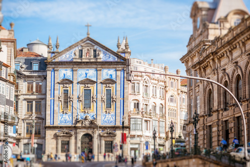 Street view on the facade with beautiful blue tiles of Congregados church in Porto city, Portugal