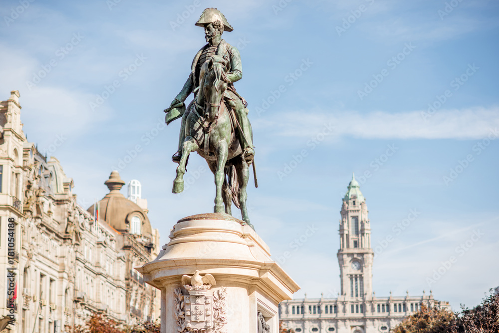 View on the statue of King Peter on the Liberty square in Porto city, Portugal