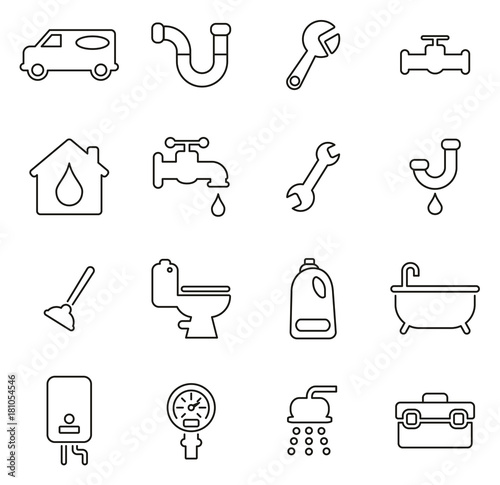 Plumbing Service or Plumber Icons Thin Line Vector Illustration Set