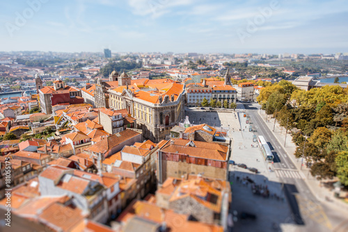 Aerial cityscape view on the old town of Porto city during the sunny day in Portugal