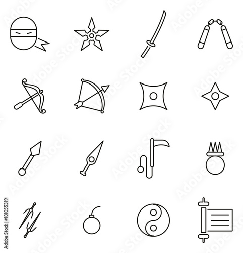 Ninja Warrior Weapons & Equipment Icons Thin Line Vector Illustration Set