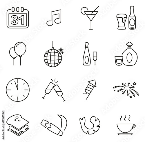New Years Eve Celebration or Party Icons Thin Line Vector Illustration Set